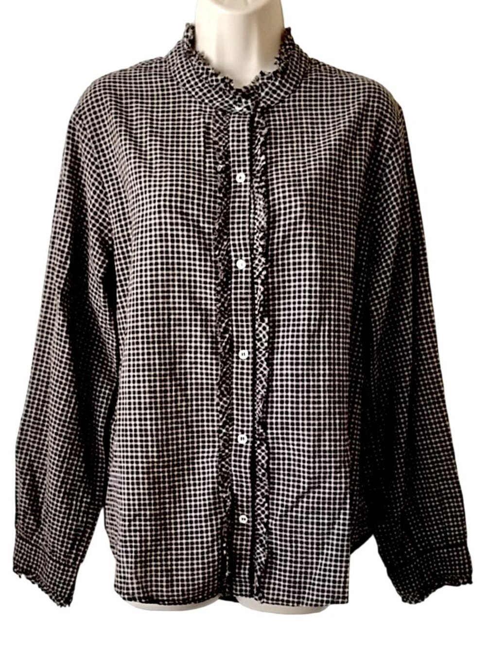 Xirena Button Down Fringed Shirt Blouse M Black Cream Plaid Check